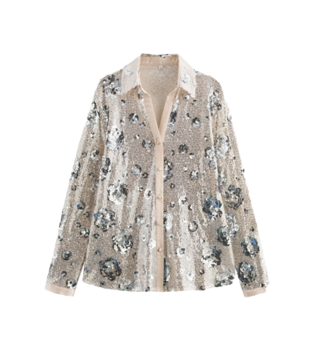 DEEABAE Women's Sequin Lapel Shirt – European & American Style, Versatile Long Sleeve Fashion Top for Parties or Daily Wear