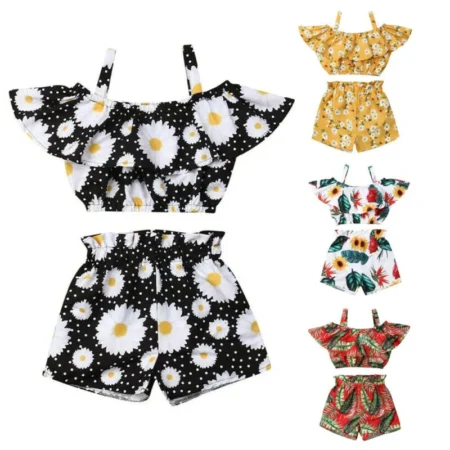 Flower Strap Crop Top + Elastic Band Shorts 1-6T