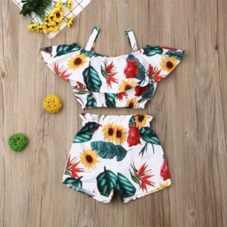Flower Strap Crop Top + Elastic Band Shorts 1-6T - Image 2