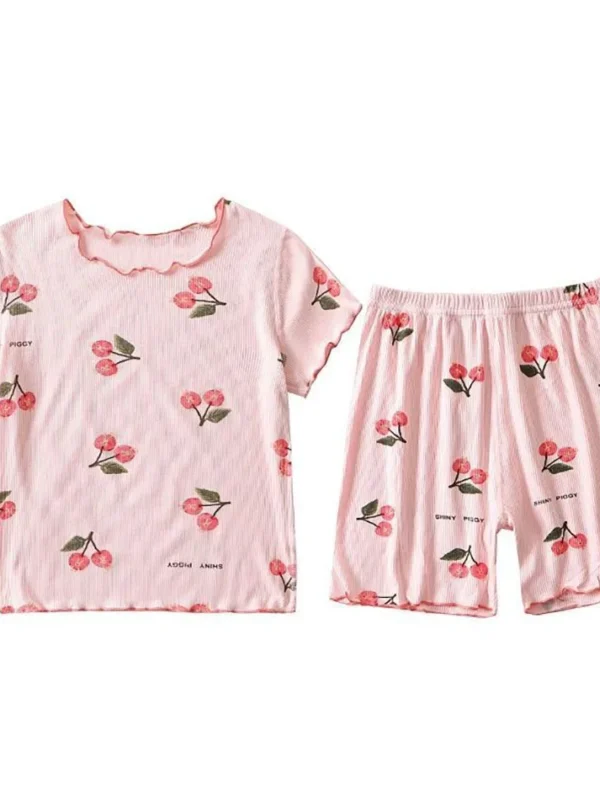 Girls’ Summer Pajama Set – Cherry Blossom Tee & Stretch Shorts (Ages 1–8)