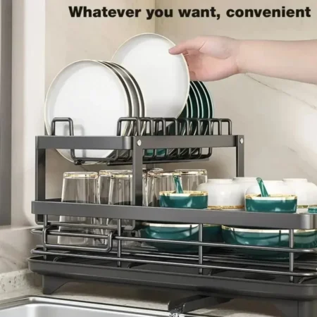 2-Tier Dish Drying Rack – Adjustable Kitchen Organizer for Plates, Cups & Cutlery - Image 3