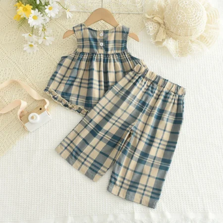 Bear Leader Girls' Summer Outfit – Blue Plaid Vest & Pants 2-Piece Set for Ages 2–7 - Image 2