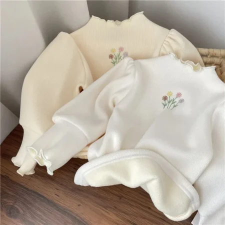 Baby Girls Winter Warm Sweater – Puff Sleeve Embroidered Knit Top for Kids (1–6 Years)