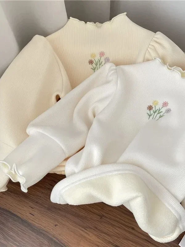 Baby Girls Winter Warm Sweater – Puff Sleeve Embroidered Knit Top for Kids (1–6 Years)