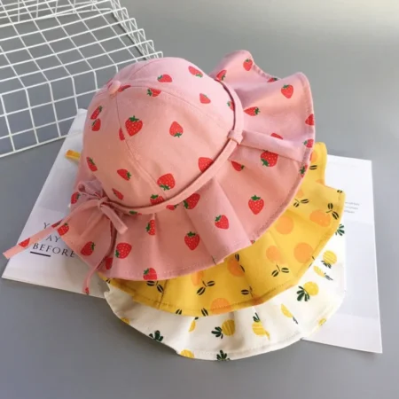 Baby Girl Cotton Bucket Hat | Fruit Print Sun Protection with Bow for Ages 1–3 - Image 2