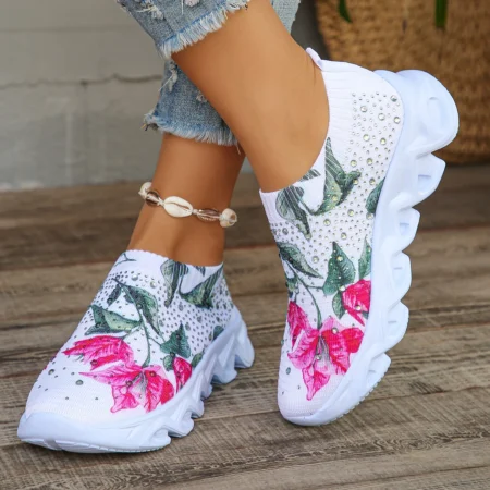 ⁦2024 Women's Crystal Floral Knit Sneakers – Lightweight Breathable Mesh Walking Shoes⁩ - الصورة ⁦2⁩