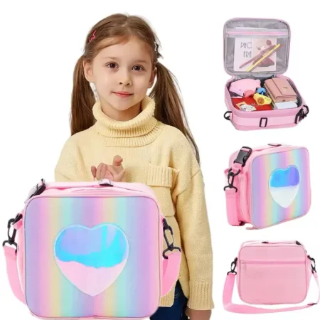 ⁦Rainbow Heart Kids Lunch Bag – Insulated Bento Tote for Girls, Picnic & School⁩ - الصورة ⁦2⁩