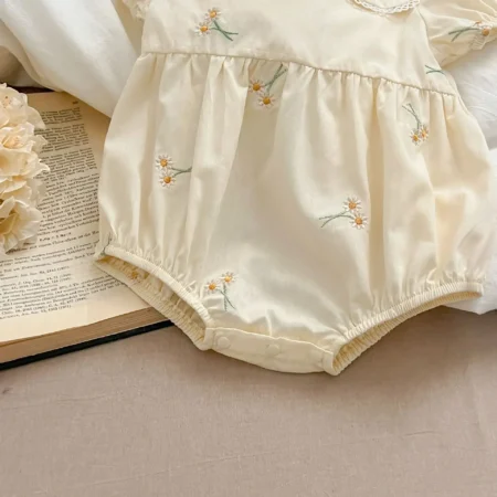 Summer Cute Sister Outfits – Cotton Puff Sleeve Floral Embroidered Princess Dress & Baby Romper - Image 6