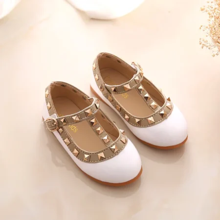 2024 Girls Leather Sandals – Toddler Princess Flats with Rivets, Nude Dance Shoes for Kids - Image 4