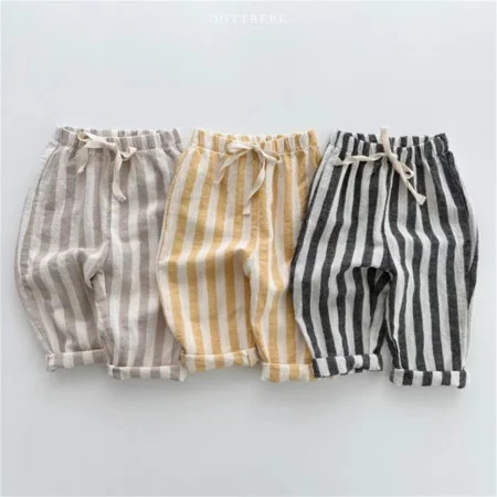 Vintage Linen Cotton Stripe Pants – Casual Elastic Waist Trousers with Pockets for Toddlers