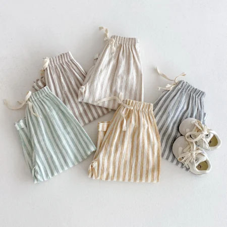 ⁦Vintage Linen Cotton Stripe Pants – Casual Elastic Waist Trousers with Pockets for Toddlers⁩ - الصورة ⁦6⁩