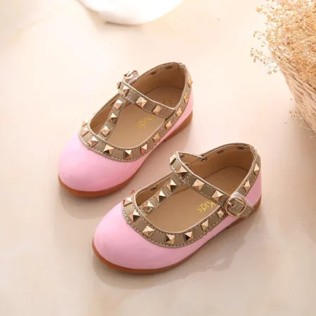 2024 Girls Leather Sandals – Toddler Princess Flats with Rivets, Nude Dance Shoes for Kids - Image 2