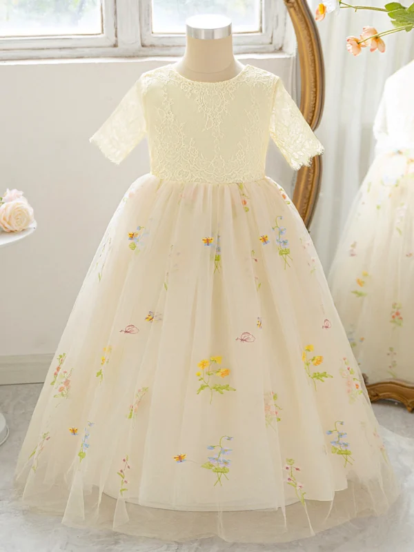 فستان دانتيل أنيق بلون الشمبانيا للبنات - هدية عيد ميلاد وزي أداء بيانو، فستان رسمي للسفر والتصوير في الهواء الطلق