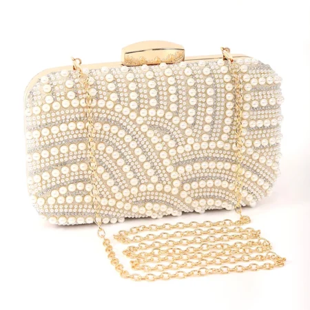 Elegant Pearl Evening Clutch – Beaded Wedding & Party Bag with Chain