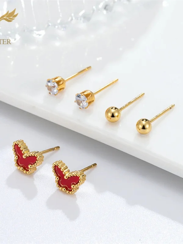Dainty Butterfly & Ball Stud Earrings Set for Women – CZ Zircon, Hypoallergenic Stainless Steel, Fashion Jewelry Gifts