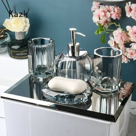High-End Crystal Glass Bathroom Set – Nordic Luxury Soap Box, Toothbrush Holder, Cup & Shampoo Bottle - Image 2