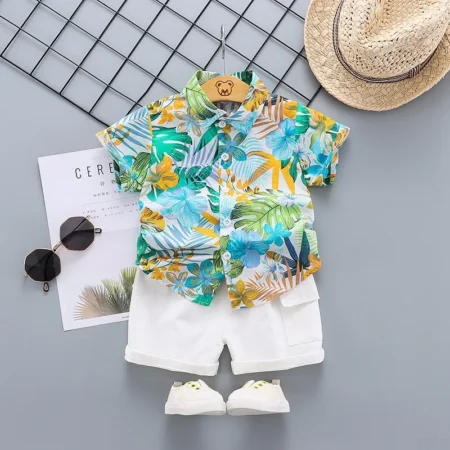 Toddler Baby Boys Summer Cotton Floral Shirts & Shorts Suits - Image 2