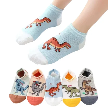 5 Pairs Kids Dinosaur Ankle Socks – Low-Cut Cartoon Socks for Boys & Girls (1–12 Years)