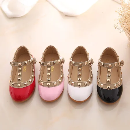 2024 Girls Leather Sandals – Toddler Princess Flats with Rivets, Nude Dance Shoes for Kids