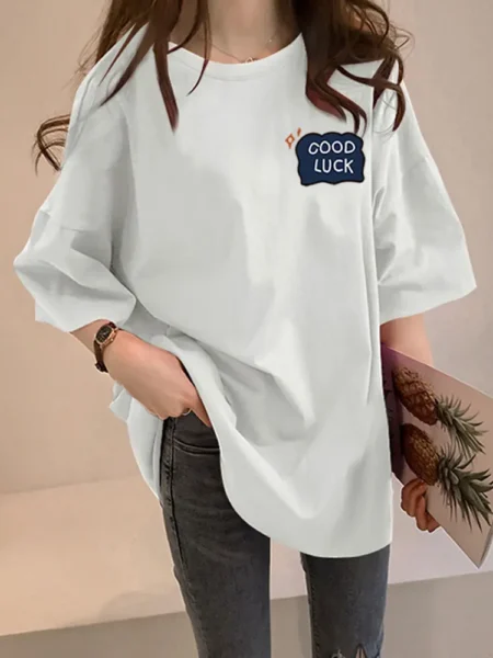 Women's Mid-Length Loose T-Shirt – Korean Style Summer Tee with Round Neck & Print Pattern
