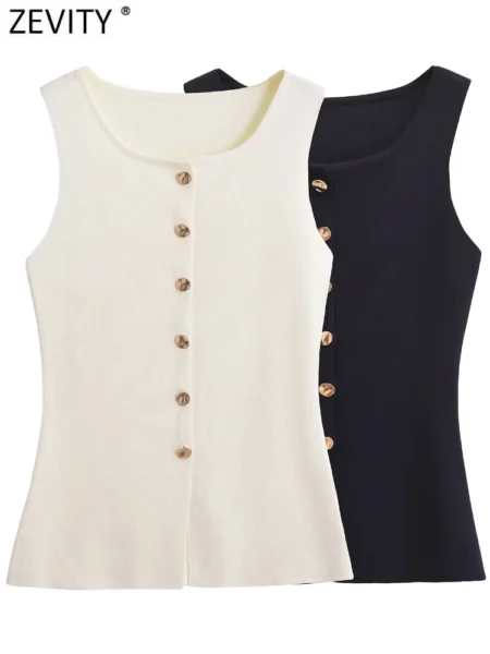 Zevity Women's Sleeveless Knitted Vest Top – Chic Button-Up Blouse