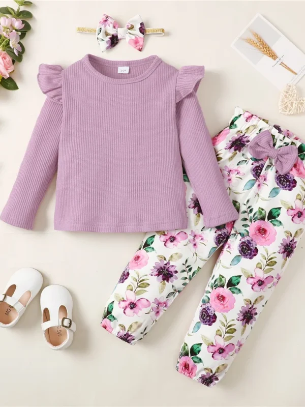 3PCS Toddler Girl Outfit | Ribbed Long Sleeve Top, Floral Pants & Headband (1–5 Years)