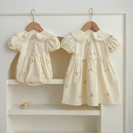 Summer Cute Sister Outfits – Cotton Puff Sleeve Floral Embroidered Princess Dress & Baby Romper - Image 2