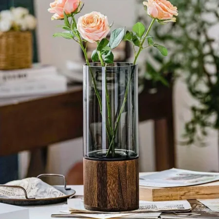 ⁦Nordic Glass Vase with Wooden Base – Elegant Tabletop & Floral Decor⁩ - الصورة ⁦3⁩
