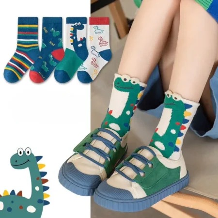 ⁦5 Pairs Kids Dinosaur Cartoon Socks – Autumn Winter Mid-High Baby Socks⁩ - الصورة ⁦2⁩