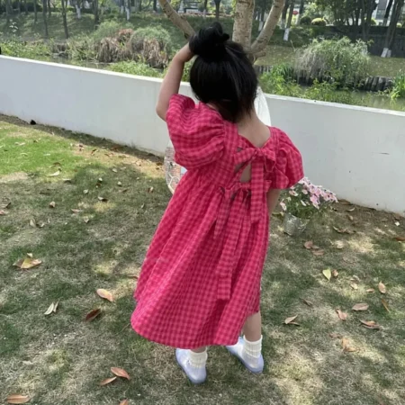 Bear Leader Rose Pink Plaid Bow Dress – Elegant Lolita Midi Sundress for Big Girls & Teens - Image 4