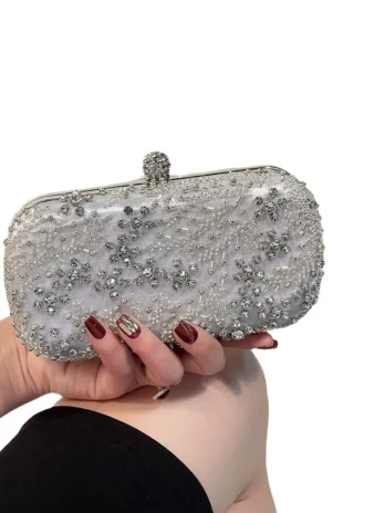 Diamond Embroidered Evening Clutch – Elegant Crystal-Embellished Handbag for Women, Snap Closure Party Purse for Dinners & Events