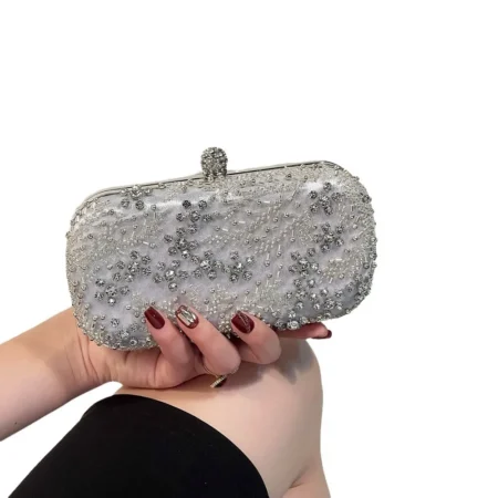Diamond Embroidered Evening Clutch – Elegant Crystal-Embellished Handbag for Women, Snap Closure Party Purse for Dinners & Events