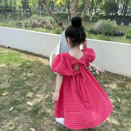 Bear Leader Rose Pink Plaid Bow Dress – Elegant Lolita Midi Sundress for Big Girls & Teens - Image 2