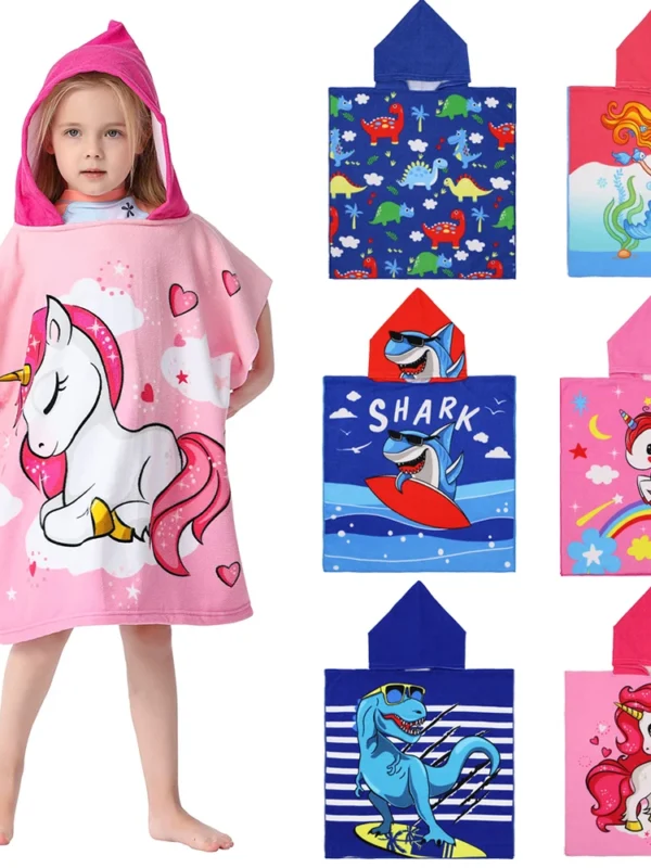 Kids Cartoon Hooded Bath Towel – Unicorn, Shark & Dinosaur Beach Robe for Boys & Girls