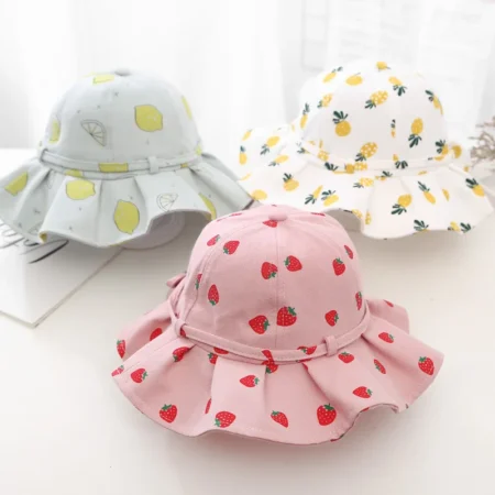Baby Girl Cotton Bucket Hat | Fruit Print Sun Protection with Bow for Ages 1–3