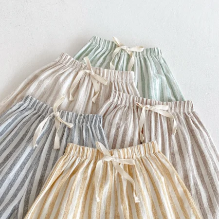 ⁦Vintage Linen Cotton Stripe Pants – Casual Elastic Waist Trousers with Pockets for Toddlers⁩ - الصورة ⁦3⁩