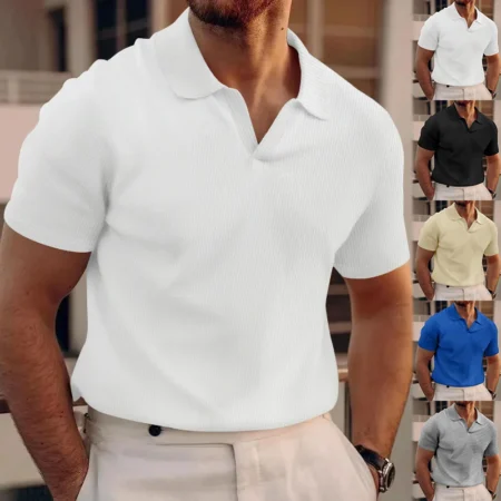 ⁦2024 Summer Men's Heavy Waffle Polo Shirt – Casual Solid Color V-Collar Short Sleeve Top⁩ - الصورة ⁦2⁩