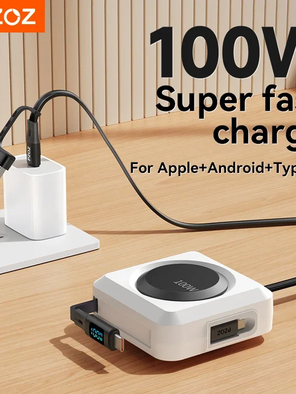 كابل شحن قابل للسحب PZOZ بقوة 100 واط - USB-C مع شاشة رقمية