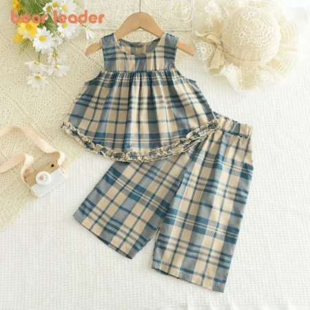Bear Leader Girls' Summer Outfit – Blue Plaid Vest & Pants 2-Piece Set for Ages 2–7