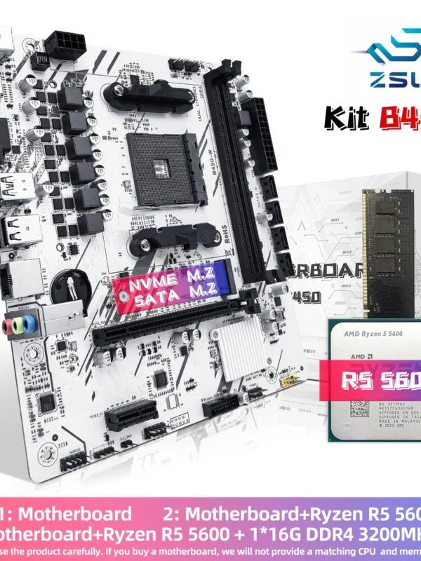 مجموعة اللوحة الأم ZSUS B450 - معالج Ryzen 5 5600، ذاكرة DDR4 سعة 16 جيجابايت، ودعم M.2 NVMe