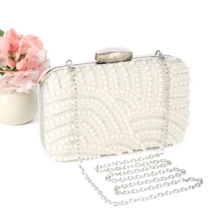 Elegant Pearl Evening Clutch – Beaded Wedding & Party Bag with Chain - Image 3