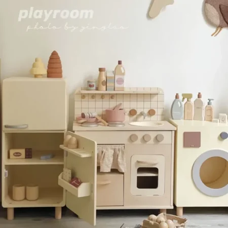 Nordic Style Wooden Kitchen Toy for Girls Simulation Cooking Stove Children Playhouse Realistic Pretend Play Dollhouse