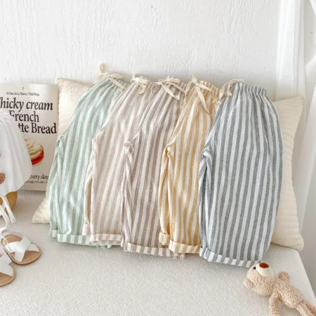 ⁦Vintage Linen Cotton Stripe Pants – Casual Elastic Waist Trousers with Pockets for Toddlers⁩ - الصورة ⁦2⁩