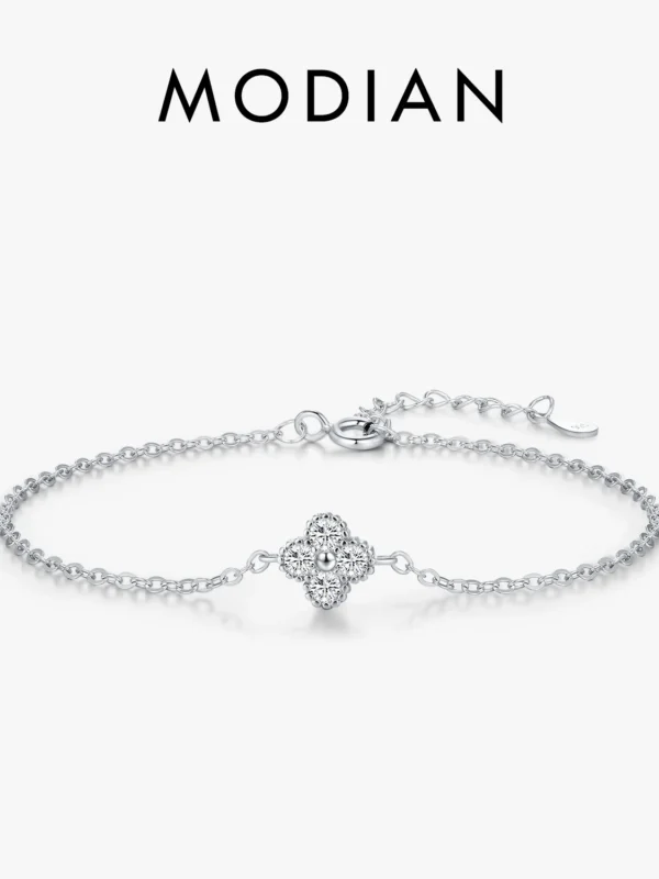 سوار موديان 925 من الفضة الإسترلينية بتصميم أوراق البرسيم الأربع - سلسلة حلقات من الزركونيوم المحظوظ، مجوهرات أنيقة قابلة للتكديس للنساء