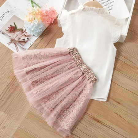 2024 Girls Summer Clothing Set – White Floral Print T-Shirt & Bow Skirt 2-Piece Outfit - Image 2