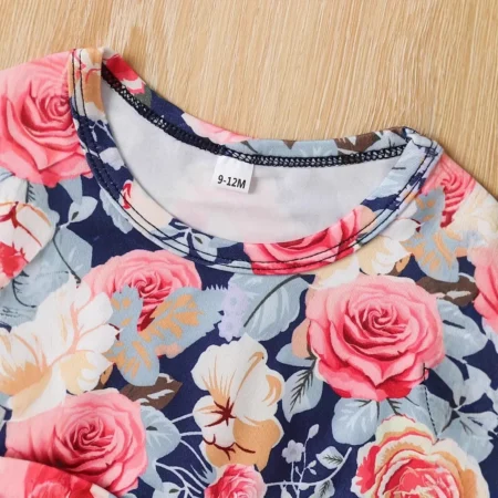 ⁦Sweet Floral Print Dress with Butterfly Knot & Mesh Splice – Summer Casual Wear for Little Girls⁩ - الصورة ⁦3⁩
