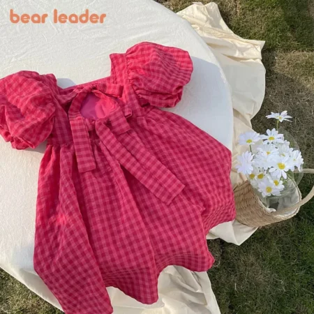Bear Leader Rose Pink Plaid Bow Dress – Elegant Lolita Midi Sundress for Big Girls & Teens