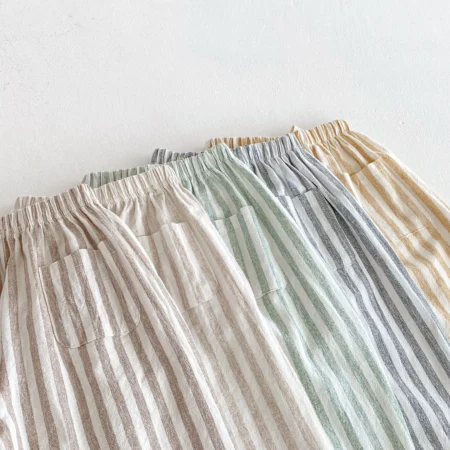 ⁦Vintage Linen Cotton Stripe Pants – Casual Elastic Waist Trousers with Pockets for Toddlers⁩ - الصورة ⁦5⁩