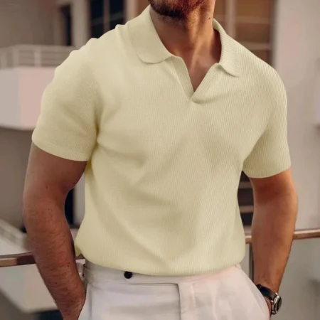 ⁦2024 Summer Men's Heavy Waffle Polo Shirt – Casual Solid Color V-Collar Short Sleeve Top⁩ - الصورة ⁦4⁩
