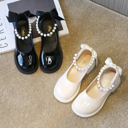 Girls' Glossy Leather Mary Jane Shoes – Princess Dress Flats with Bow, Spring & Autumn School Shoes